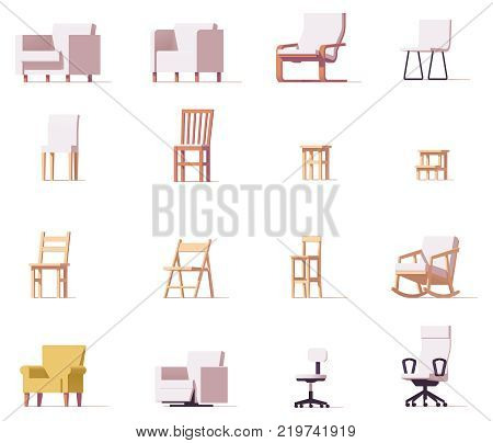 Vector low poly chairs and stools set