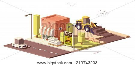 Vector low poly compost production icon with front loader and farmers store