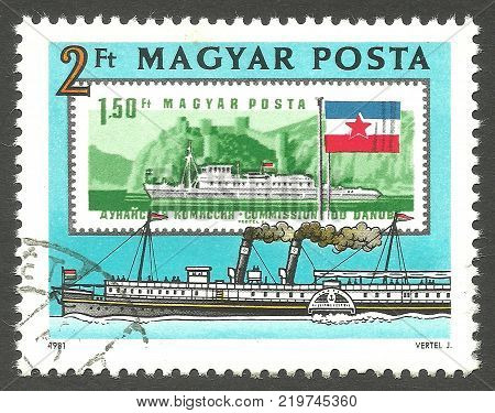 Hungary - circa 1981: Stamp printed by Hungary Color edition on Danube Commission Shows Ship Paddlesteamer Grof Szechenyi Istvan circa 1981