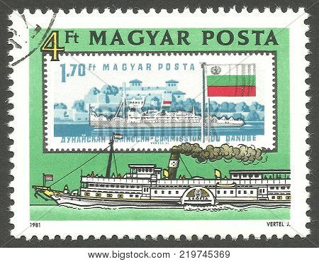 Hungary - circa 1981: Stamp printed by Hungary Color edition on Danube Commission Shows Ship Paddlesteamer Zsofia circa 1981