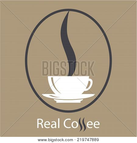Coffe shop vector logo. White classic cup and coffee bean on light brown background