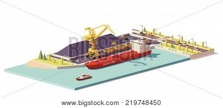 Vector low poly coal terminal with bulk carrier ship and crane loading coal