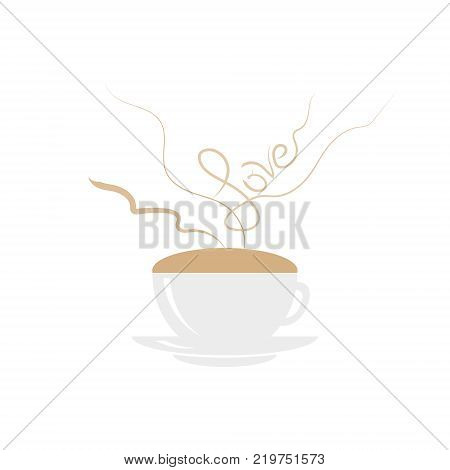 Coffee cup with steaming word love on white background.