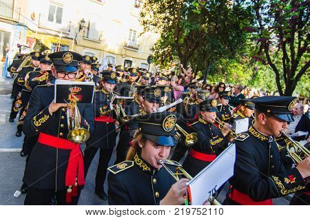 Badajoz, Spain, sunday. april .9. 2017. Band music in Procession of Nazarenes. Easter in the city of Badajoz, Extremadura, Spain