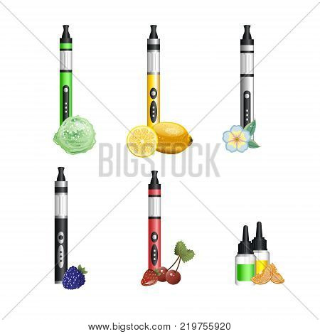 Vape device set cigarette vaporizer vapor juice bottle. Vector illustration