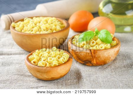 Ditalini macaroni. Pasta rings. Tubettini and thimbles Anellini
