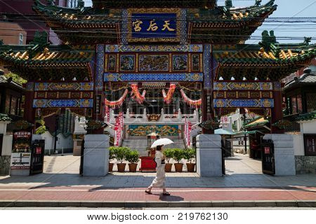 Yokohama - Japan, June 16, 2017; Chinese Mazu Miao Temple in China town in Yokohama city, Mazu, the Goddess of the Sea is worshipped at the Mazu Temple. 