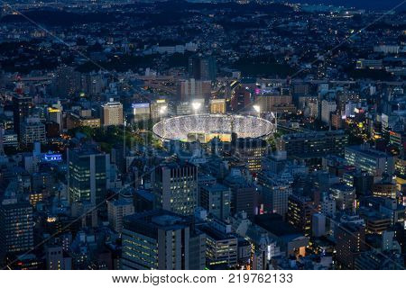 Yokohama - Japan, June 15, 2017 ; Yokohama baseball stadium viewed from the observation deck of Landmark Tower at twilight 