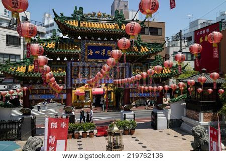 Yokohama - Japan, June 16, 2017; Chinese Mazu Miao Temple in China town in Yokohama city, Mazu, the Goddess of the Sea is worshipped at the Mazu Temple. 