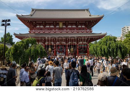 Tokyo - Japan, June 17, 2017; Tourists at Edo era Hozomon entrance of Sensoji, also known as Asakusa Kannon Temple, Asakusa  