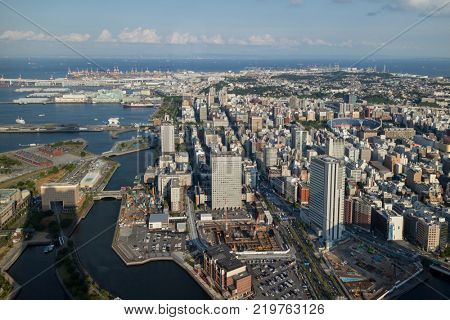 Yokohama - Japan, June 15, 2017 ; Yokohama, Naka ward and harbour viewed from the observation deck of Landmark Tower  