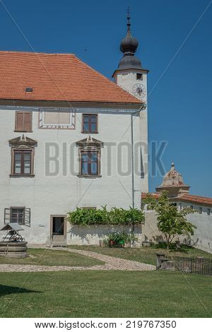 Ptuj / Slovenia - August 17, 2017: Castle in Ptuj next to the Drava river