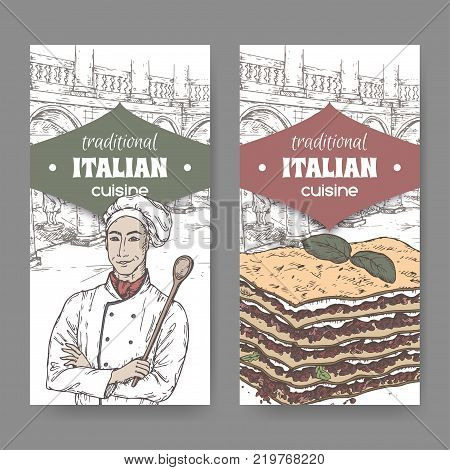 Set of two traditional Italian cuisine labels with cook, Ilalian pation and lasagna on white. Great for pizzeria, bakery and restaurant, cafe ads, brochures, labels.
