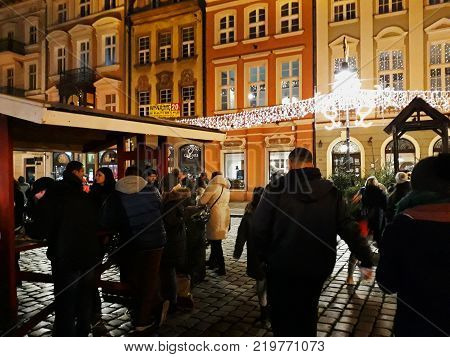 Poznan, Poland - 02 December 2017: Traditional Christmas fair in the evening