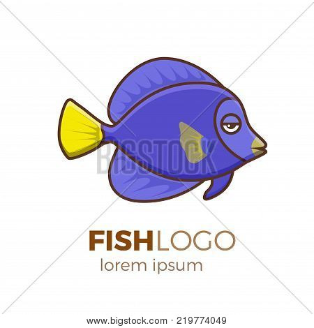 Marine life tropical colorful fish set illustration in cartoon. Aquarium draft vector design.  Purple sailfin tang logo