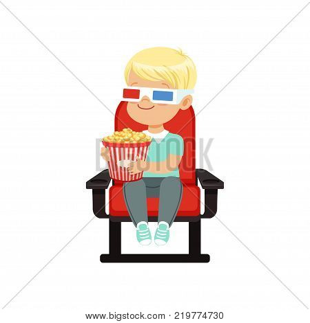 Cute blonde little boy in 3d glasses sitting on a red chair and watching 3D movie in the cinema vector Illustration on a white background