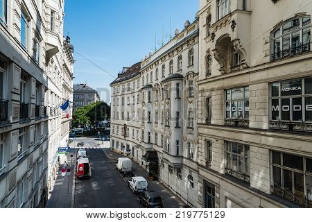 Vienna,  Austria - August 16, 2017: Tiefer Graben street in historical city center of Vienna. High angle view
