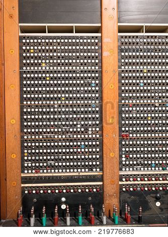 Old antique jack plug and socket telephone switchboard