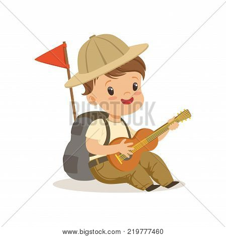 Cute little boy in scout costume playing guitar, outdoor camp activity vector Illustration on a white background