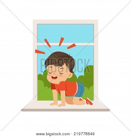 Cute little bully boy sitting on the windowsill at the open window, hoodlum cheerful little kid, bad child behavior vector Illustration on a white background