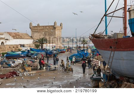 Agadir, Morocco - December 15, 2017 :sqala Du Port, A Defensive Tower At The Fishing Port Of Essaoui