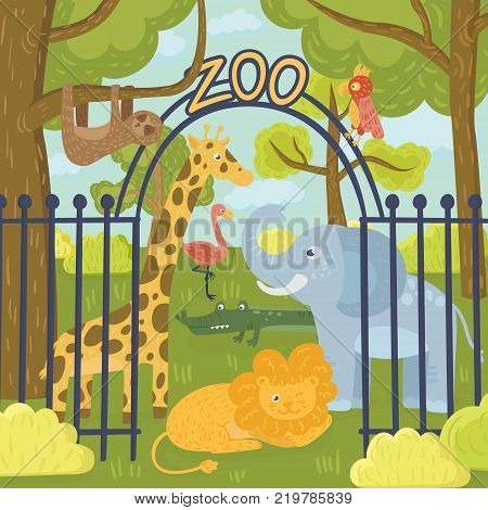 Cartoon illustration of wild animals in zoo park. Giraffe, elephant, parrot, lion, sloth, koala bear, flamingo, crocodile and tiger. Nature landscape with trees, bushes and fence. Flat vector design.