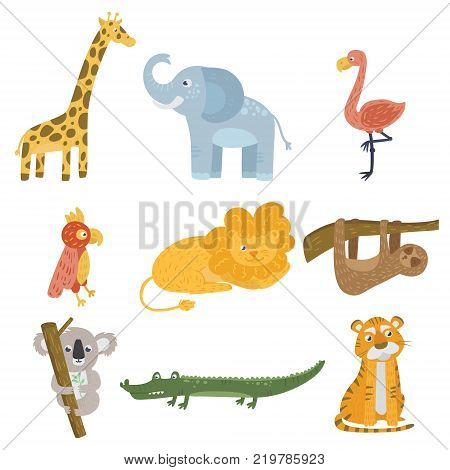Colored set of animals and birds. Giraffe, elephant, flamingo, parrot, lion, sloth, koala bear, crocodile and tiger. Zoo and wildlife concept. Flat vector design for children book, sticker or postcard