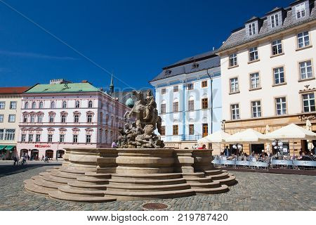 Olomouc Czech Republic - May 5 2017: View on the Dolni square of Olomouc Czech Republic Original name Dolni namesti. Famous unesco heritage city and tourist attraction.