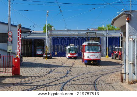 Olomouc Czech Republic - May 5 2017: The tram stop in the historic center of Olomouc.Famous unesco heritage city and tourist attraction.