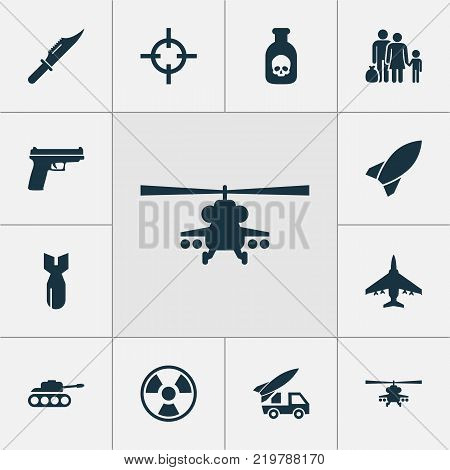 Combat icons set with chopper, cutter, ordnance and other panzer elements. Isolated vector illustration combat icons.
