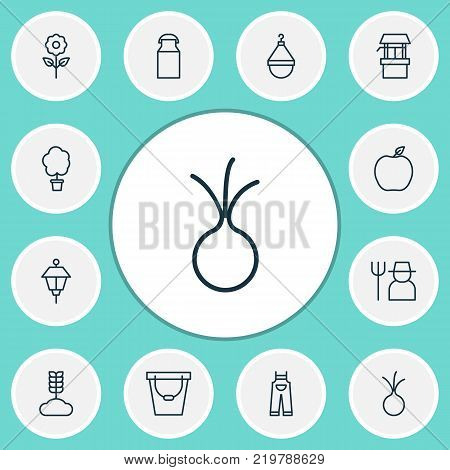 Farm icons set with grower, pail, jug and other source elements. Isolated vector illustration farm icons.