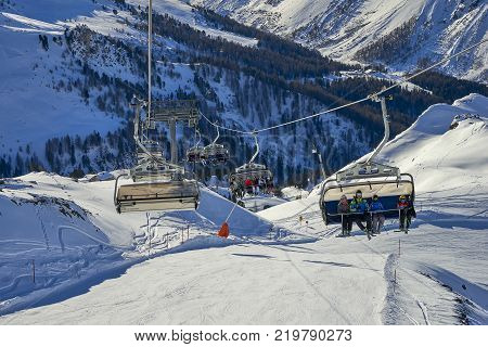 Ischgl, Austria - December 25, 2017: Ski chairlift at Ischgl / Samnaun ski mountain resort, Austria at winter time