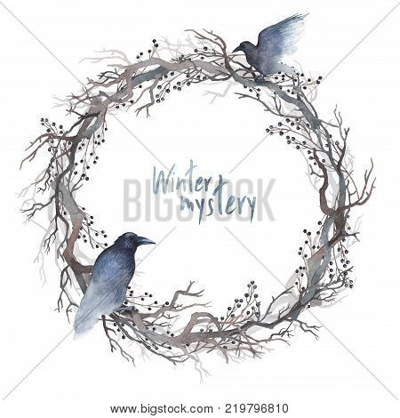 A wreath of bare branches and berries with two black ravens on it. Watercolor painting. A frame for your text.