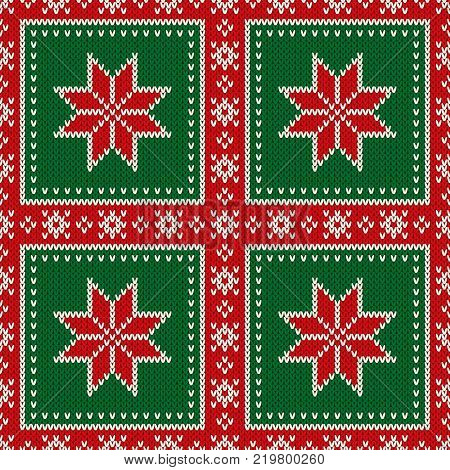 Winter Holiday Seamless Knitted Pattern with Snowflakes. Wool Knitting Sweater Design. Fair Isle Knit Christmas and New Year Background.