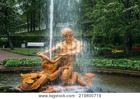 Peterhof, Saint-Petersburg, Russia - CIRCA June 2017: Fountain in the park  in Peterhof or Petergof in St. Petersburg