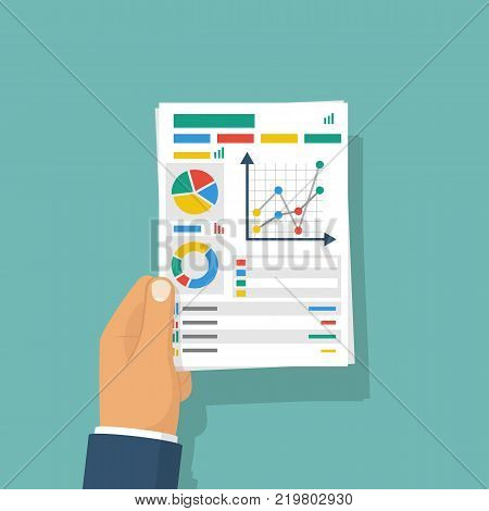Document with charts and graphs business reports held in hand of businessman. Vector illustration flat design. Isolated on background. Paperwork concept. Data analysis, project management. Analyze graph.