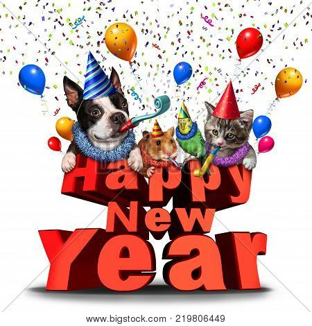 Happy New Year cute animals festive graphic element as a joyous celebration as adorable pets as a dog cat bird and hamster celebrating the season with 3D illustration elements.