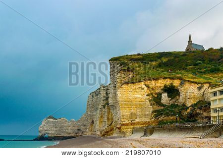 Old church on cliffs of Etretat and the Alabaster Coast, Normandy, France.