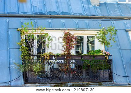 Paris residential buildings. Typical paris balcony on mansarde of roof.