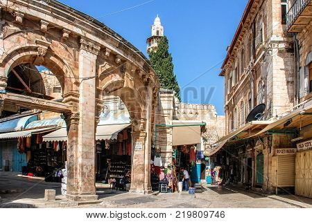 JERUSALEM ISRAEL - AUGUST 05 2010: Vertical picture of Suq Aftimos the market in Muristan Street in the old city of Jerusalem Israel.