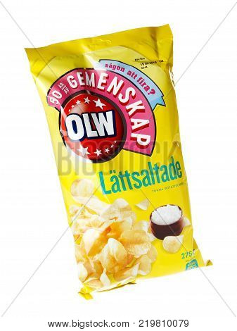 Stockholm Sweden - November 17 2017: One package with 275 grams of potato chips produced by the Brand OLW for the Swedish market on white background.