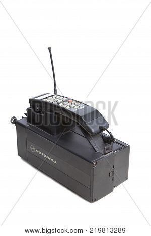Hallstahammar Sweden - December 10 2012: One 1980s era Motorola MCR 9500XL mobilephone used in Sweden.