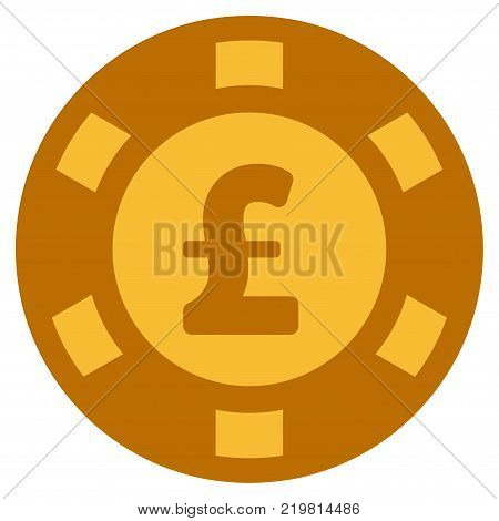 Pound Sterling golden casino chip pictograph. Vector style is a gold yellow flat gamble token symbol.