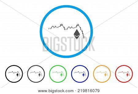 Ethereum Falling Chart rounded icon. Style is a flat grey symbol inside light blue circle with bonus color versions. Ethereum Falling Chart vector designed for web and software interfaces.