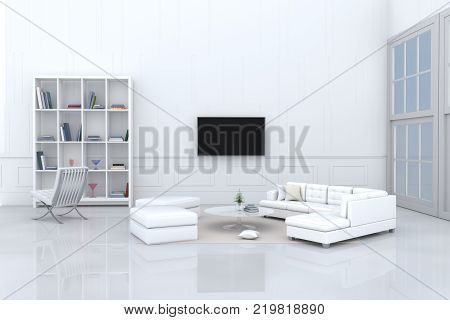 White room decorated with white sofa,tree in glass vase, cream pillows, bookcase, chair, book, television, window, Cream carpet White cement wall it is pattern, white cement floor. 3d rendering.