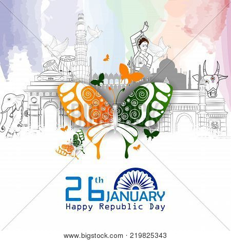 easy to edit vector illustration of Monument and Landmark of India on Indian Republic Day celebration background