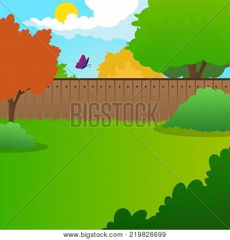 Cartoon backyard landscape with green meadow, bushes, trees, wooden fence, blue sky and flying butterfly. Summer nature background. Sunny day concept. Colorful vector illustration in flat style.