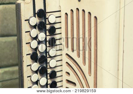 Old musical instrument Russian bayan, White unique tool