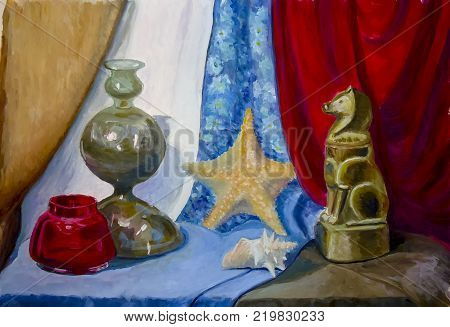 Still life. Picture depicting a still life, a vase And a figurine of a dog