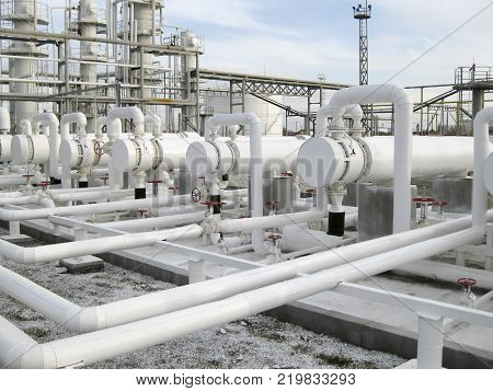 Heat exchangers in a refinery. The equipment for oil refining.